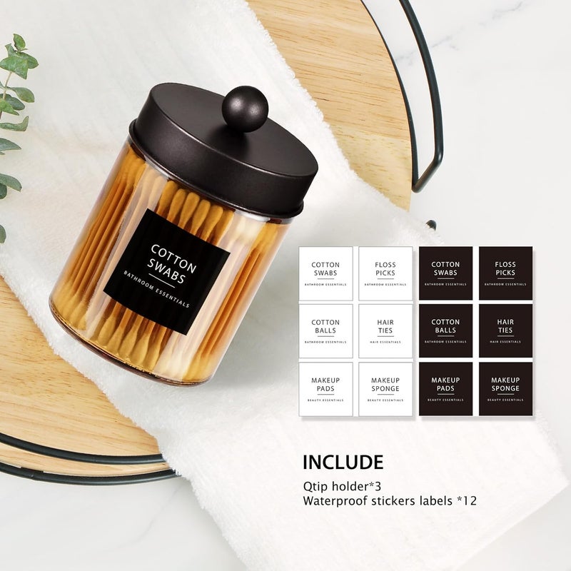 Komashr 3 Pack Apothecary Jar Canisters Bathroom Vanity Organizer - Qtip Holder Storage Organizer Set Countertop Canister with Stainless Steel Lids &Cute Stickers for Qtips,Cotton Swabs,Makeup Sponges,Floss - Image 4